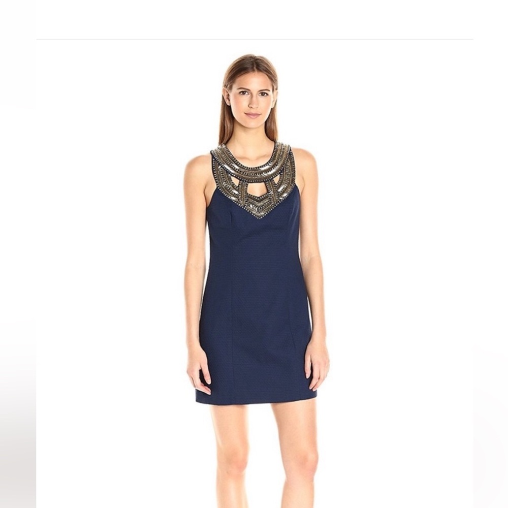 Lilly Pulitzer “Carlton Shift” Dress with gold beaded and studded neckline. Sz 8